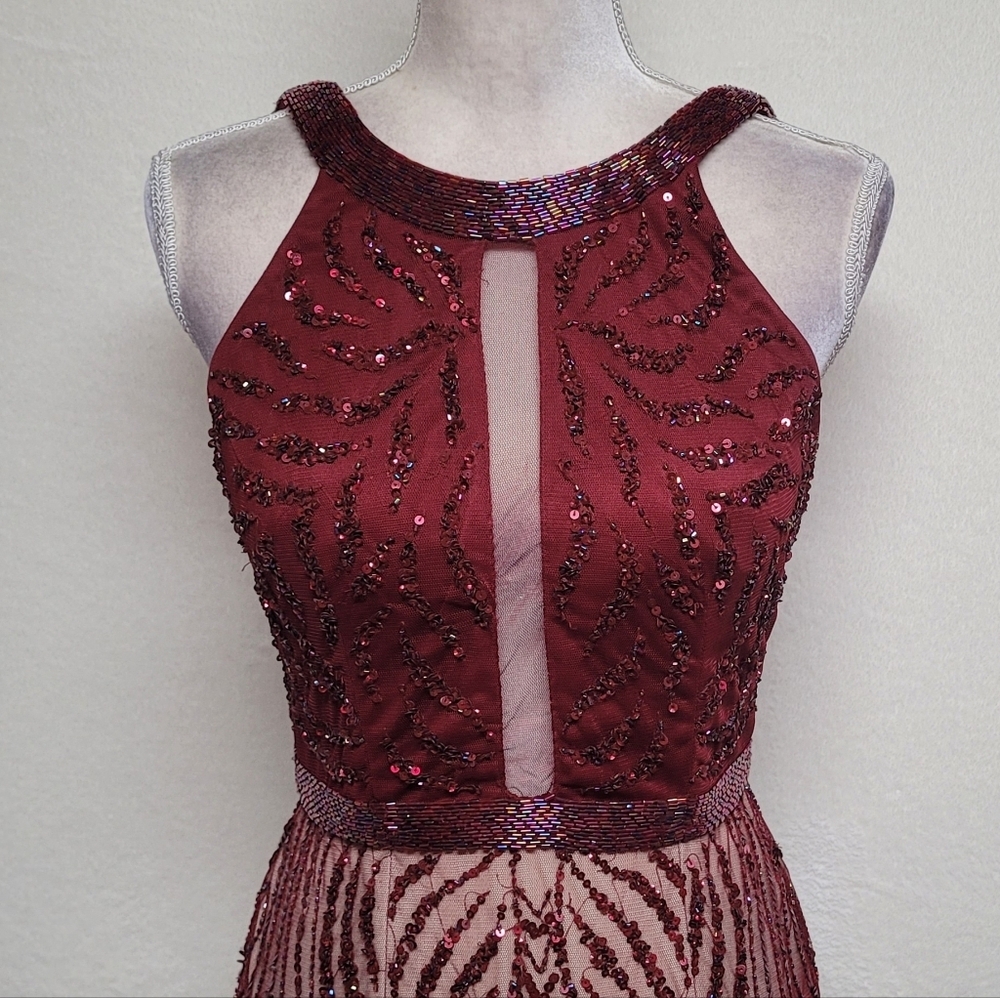 Zasa Karishma Creation Burgundy Sequin Beaded Backless Maxi Mermaid Dress 6 - Picture 3 of 11